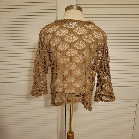 Adore Medium Tan Crochet Lace Button Front Cardigan Boho Layering Top - Picture 2 of 8